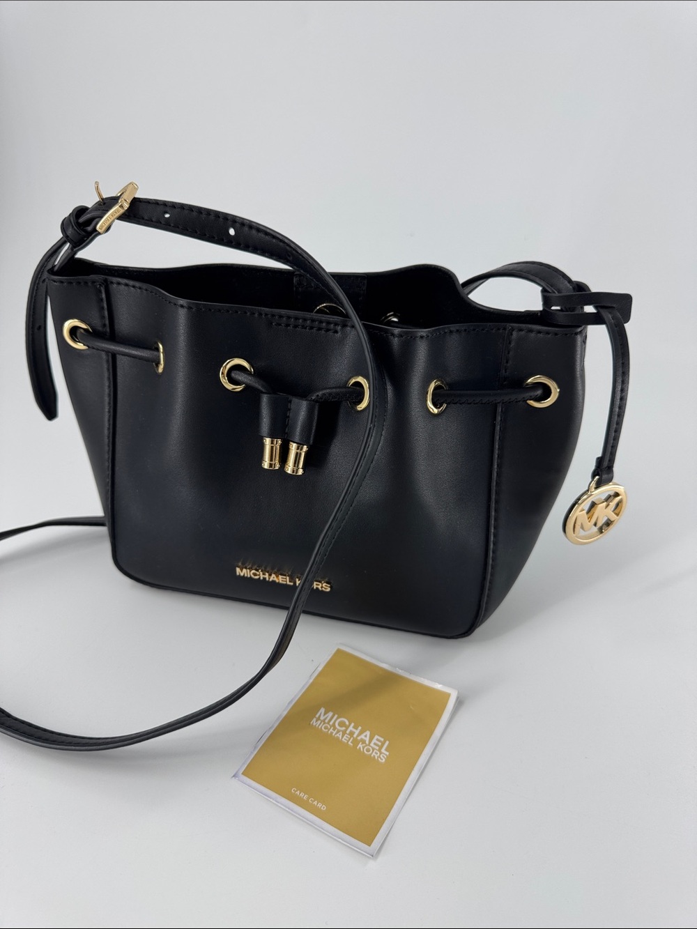 Michael Kors Black Leather Bucket Style Drawstring Crossbody Mini Bag EUC